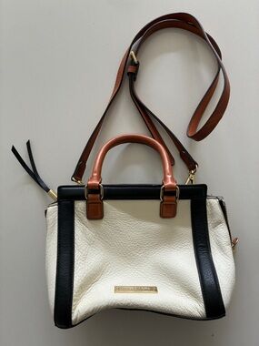 Two-Tone Cream and Black Leather Satchel with Brown Handles
